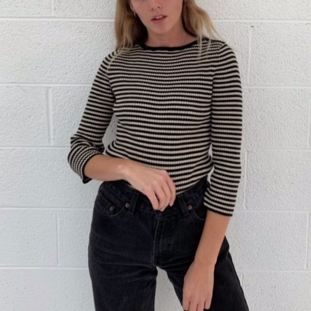 Ralph Lauren Black and White Striped Ribbed Knit Top